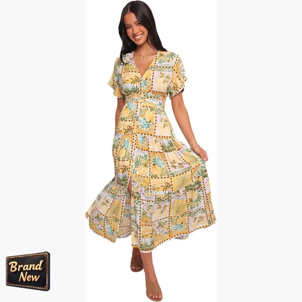 Linen Rayon Maxi Dress With V Neck Short Sleeves Flowy Fit